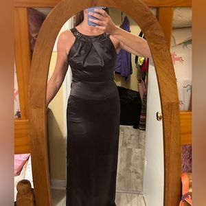 Vera wang silk charcoal gown with rhinestone details